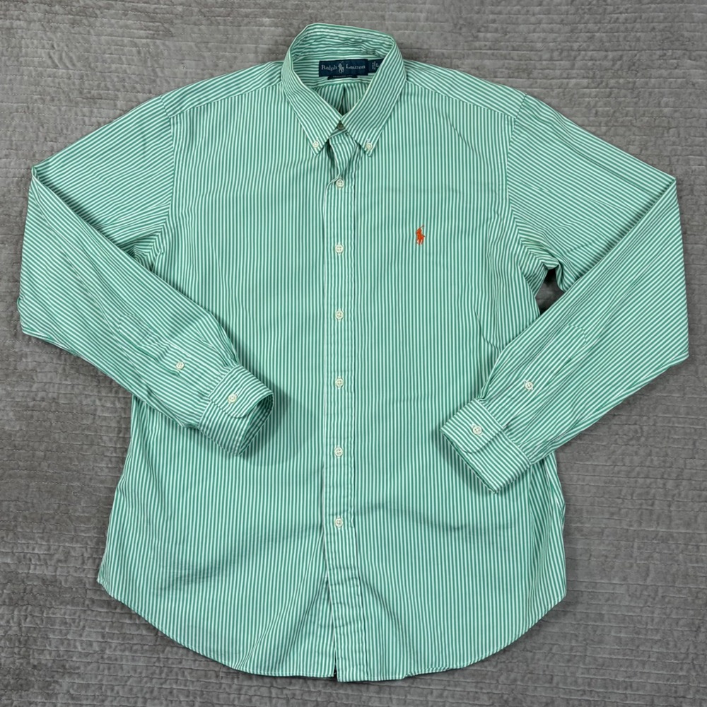 Polo‎ Ralph Lauren Mens Custom Fit Striped Button Down Shirt Green White Large